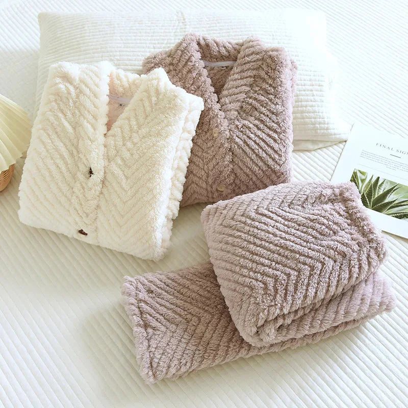 Pyjama flanelle femme col V | Polaire corail épais, ultra-doux