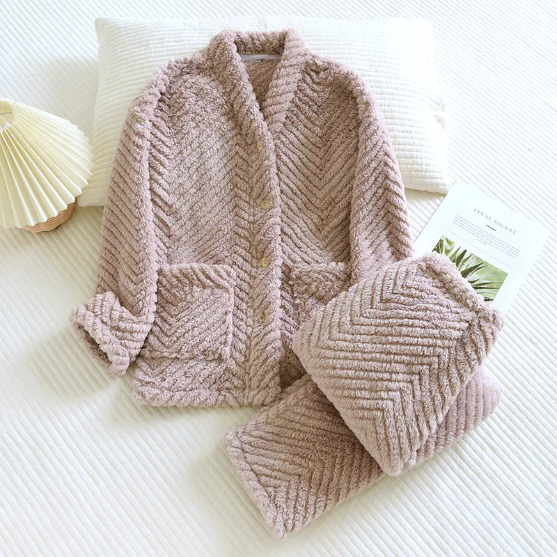 Pyjama flanelle femme col V | Polaire corail épais, ultra-doux