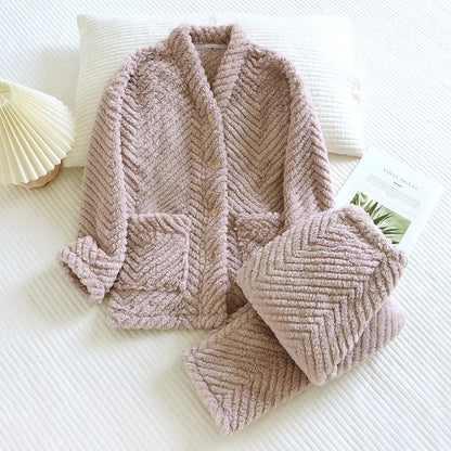 Pyjama flanelle femme col V | Polaire corail épais, ultra-doux