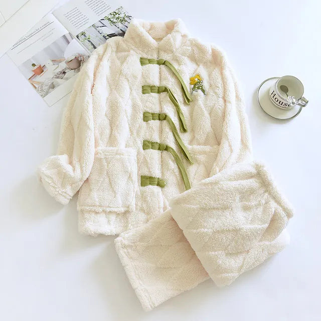 Pyjama flanelle femme col rond | Polaire corail ultra-douce 