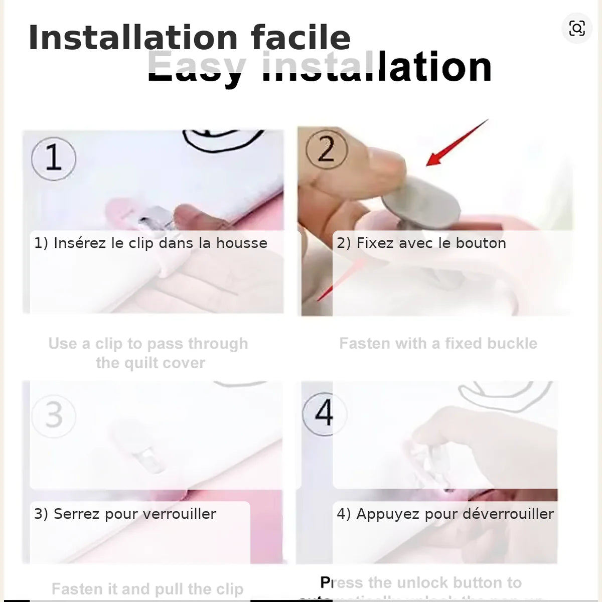 Clips housse de couette – anti-glisse, sans aiguille (8 ou 12 pièces)