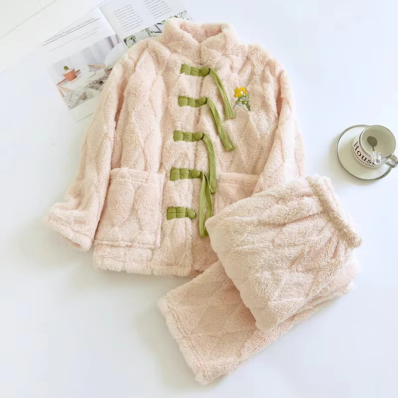 Pyjama flanelle femme col rond | Polaire corail ultra-douce 