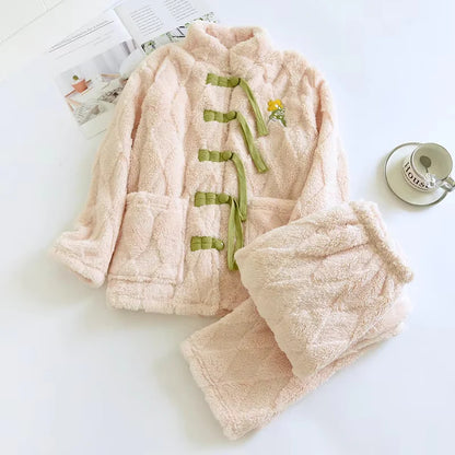 Pyjama flanelle femme col rond | Polaire corail ultra-douce 